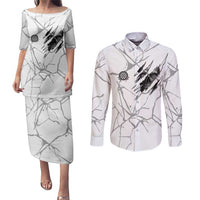 Dartboard Skull Darts Couples Matching Puletasi and Long Sleeve Button Shirt with Torn Stone Texture and Cracked Marble Design - Wonder Print Shop