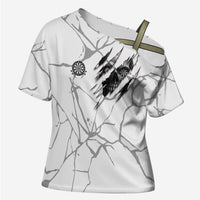 Dartboard Skull Darts Cross Shoulder Shirt with Torn Stone Texture and Cracked Marble Design - Wonder Print Shop