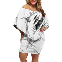 Dartboard Skull Darts Off Shoulder Short Dress with Torn Stone Texture and Cracked Marble Design - Wonder Print Shop