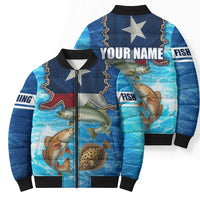 Texas Flag Fishing Bomber Puffer Jacket with Ocean Fish Graphic and Blue Water Background - Wonder Print Shop