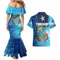 Texas Flag Fishing Couples Matching Mermaid Dress and Hawaiian Shirt with Ocean Fish Graphic and Blue Water Background - Wonder Print Shop