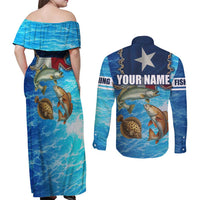 Texas Flag Fishing Couples Matching Off Shoulder Maxi Dress and Long Sleeve Button Shirt with Ocean Fish Graphic and Blue Water Background - Wonder Print Shop