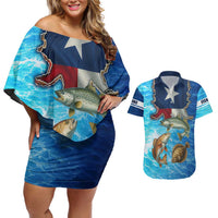 Texas Flag Fishing Couples Matching Off Shoulder Short Dress and Hawaiian Shirt with Ocean Fish Graphic and Blue Water Background - Wonder Print Shop