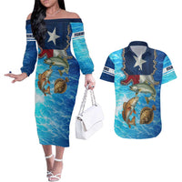 Texas Flag Fishing Couples Matching Off The Shoulder Long Sleeve Dress and Hawaiian Shirt with Ocean Fish Graphic and Blue Water Background - Wonder Print Shop