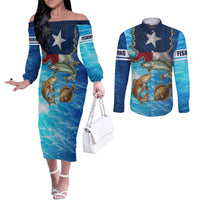 Texas Flag Fishing Couples Matching Off The Shoulder Long Sleeve Dress and Long Sleeve Button Shirt with Ocean Fish Graphic and Blue Water Background - Wonder Print Shop