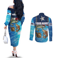 Texas Flag Fishing Couples Matching Off The Shoulder Long Sleeve Dress and Long Sleeve Button Shirt with Ocean Fish Graphic and Blue Water Background - Wonder Print Shop