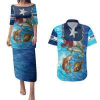 Texas Flag Fishing Couples Matching Puletasi and Hawaiian Shirt with Ocean Fish Graphic and Blue Water Background - Wonder Print Shop