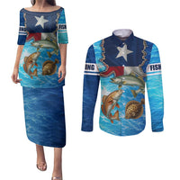 Texas Flag Fishing Couples Matching Puletasi and Long Sleeve Button Shirt with Ocean Fish Graphic and Blue Water Background - Wonder Print Shop