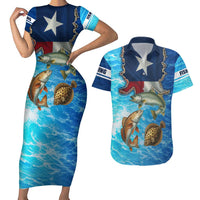 Texas Flag Fishing Couples Matching Short Sleeve Bodycon Dress and Hawaiian Shirt with Ocean Fish Graphic and Blue Water Background - Wonder Print Shop
