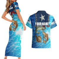 Texas Flag Fishing Couples Matching Short Sleeve Bodycon Dress and Hawaiian Shirt with Ocean Fish Graphic and Blue Water Background - Wonder Print Shop