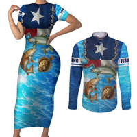 Texas Flag Fishing Couples Matching Short Sleeve Bodycon Dress and Long Sleeve Button Shirt with Ocean Fish Graphic and Blue Water Background - Wonder Print Shop