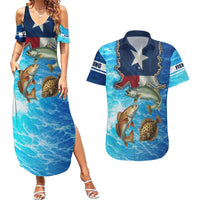 Texas Flag Fishing Couples Matching Summer Maxi Dress and Hawaiian Shirt with Ocean Fish Graphic and Blue Water Background - Wonder Print Shop
