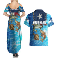 Texas Flag Fishing Couples Matching Summer Maxi Dress and Hawaiian Shirt with Ocean Fish Graphic and Blue Water Background - Wonder Print Shop