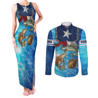 Texas Flag Fishing Couples Matching Tank Maxi Dress and Long Sleeve Button Shirt with Ocean Fish Graphic and Blue Water Background - Wonder Print Shop