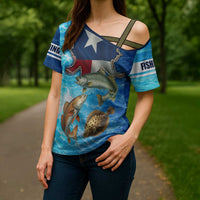 Texas Flag Fishing Cross Shoulder Shirt with Ocean Fish Graphic and Blue Water Background - Wonder Print Shop