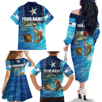 Texas Flag Fishing Family Matching Off The Shoulder Long Sleeve Dress and Hawaiian Shirt with Ocean Fish Graphic and Blue Water Background - Wonder Print Shop