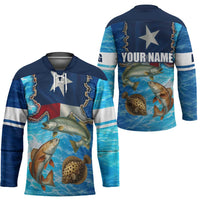 Texas Flag Fishing Hockey Jersey with Ocean Fish Graphic and Blue Water Background - Wonder Print Shop