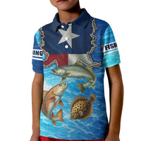 Texas Flag Fishing Kid Polo Shirt with Ocean Fish Graphic and Blue Water Background - Wonder Print Shop