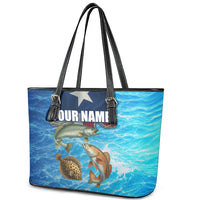 Texas Flag Fishing Leather Tote Bag with Ocean Fish Graphic and Blue Water Background - Wonder Print Shop