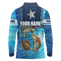 Texas Flag Fishing Long Sleeve Polo Shirt with Ocean Fish Graphic and Blue Water Background - Wonder Print Shop