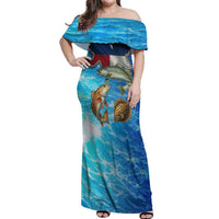 Texas Flag Fishing Off Shoulder Maxi Dress with Ocean Fish Graphic and Blue Water Background - Wonder Print Shop