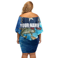 Texas Flag Fishing Off Shoulder Short Dress with Ocean Fish Graphic and Blue Water Background - Wonder Print Shop