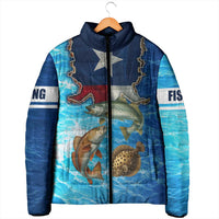 Texas Flag Fishing Padded Jacket with Ocean Fish Graphic and Blue Water Background - Wonder Print Shop