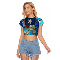 Texas Flag Fishing Raglan Cropped T Shirt with Ocean Fish Graphic and Blue Water Background - Wonder Print Shop