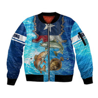 Texas Flag Fishing Sleeve Zip Bomber Jacket with Ocean Fish Graphic and Blue Water Background - Wonder Print Shop