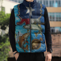 Texas Flag Fishing Sleeveless Puffer Jacket with Ocean Fish Graphic and Blue Water Background - Wonder Print Shop