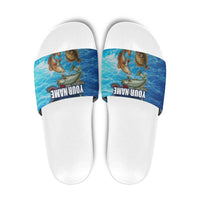 Texas Flag Fishing Slide Sandals with Ocean Fish Graphic and Blue Water Background - Wonder Print Shop