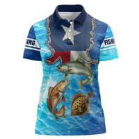 Texas Flag Fishing Women Polo Shirt with Ocean Fish Graphic and Blue Water Background - Wonder Print Shop