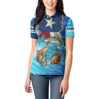 Texas Flag Fishing Women Polo Shirt with Ocean Fish Graphic and Blue Water Background - Wonder Print Shop