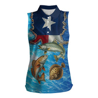 Texas Flag Fishing Women Sleeveless Polo Shirt with Ocean Fish Graphic and Blue Water Background - Wonder Print Shop
