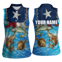 Texas Flag Fishing Women Sleeveless Polo Shirt with Ocean Fish Graphic and Blue Water Background - Wonder Print Shop