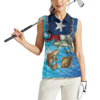 Texas Flag Fishing Women Sleeveless Polo Shirt with Ocean Fish Graphic and Blue Water Background - Wonder Print Shop