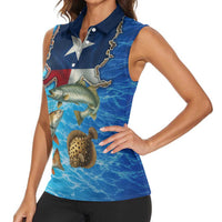 Texas Flag Fishing Women Sleeveless Polo Shirt with Ocean Fish Graphic and Blue Water Background - Wonder Print Shop