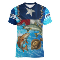 Texas Flag Fishing Women V-Neck T-Shirt with Ocean Fish Graphic and Blue Water Background - Wonder Print Shop