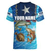 Texas Flag Fishing Women V-Neck T-Shirt with Ocean Fish Graphic and Blue Water Background - Wonder Print Shop