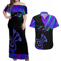 Neon Dartboard Darts Couples Matching Off Shoulder Maxi Dress and Hawaiian Shirt with Colorful Target and Psychedelic Swirl Pattern - Wonder Print Shop