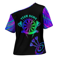 Neon Dartboard Darts Cross Shoulder Shirt with Colorful Target and Psychedelic Swirl Pattern - Wonder Print Shop