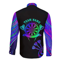 Neon Dartboard Darts Long Sleeve Button Shirt with Colorful Target and Psychedelic Swirl Pattern - Wonder Print Shop