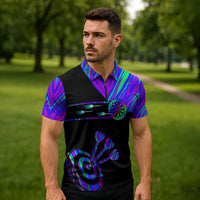 Neon Dartboard Darts Zipper Polo Shirt with Colorful Target and Psychedelic Swirl Pattern - Wonder Print Shop