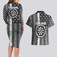Grunge American Flag Darts Couples Matching Long Sleeve Bodycon Dress and Hawaiian Shirt with Dartboard Target and Black White Stars - Wonder Print Shop