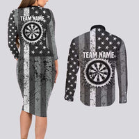 Grunge American Flag Darts Couples Matching Long Sleeve Bodycon Dress and Long Sleeve Button Shirt with Dartboard Target and Black White Stars - Wonder Print Shop