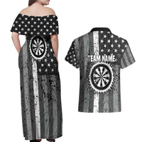 Grunge American Flag Darts Couples Matching Off Shoulder Maxi Dress and Hawaiian Shirt with Dartboard Target and Black White Stars - Wonder Print Shop
