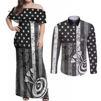 Grunge American Flag Darts Couples Matching Off Shoulder Maxi Dress and Long Sleeve Button Shirt with Dartboard Target and Black White Stars - Wonder Print Shop