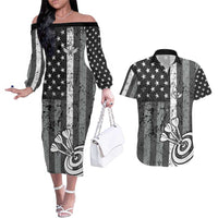Grunge American Flag Darts Couples Matching Off The Shoulder Long Sleeve Dress and Hawaiian Shirt with Dartboard Target and Black White Stars - Wonder Print Shop
