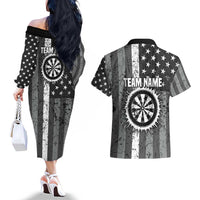 Grunge American Flag Darts Couples Matching Off The Shoulder Long Sleeve Dress and Hawaiian Shirt with Dartboard Target and Black White Stars - Wonder Print Shop