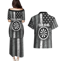 Grunge American Flag Darts Couples Matching Puletasi and Hawaiian Shirt with Dartboard Target and Black White Stars - Wonder Print Shop